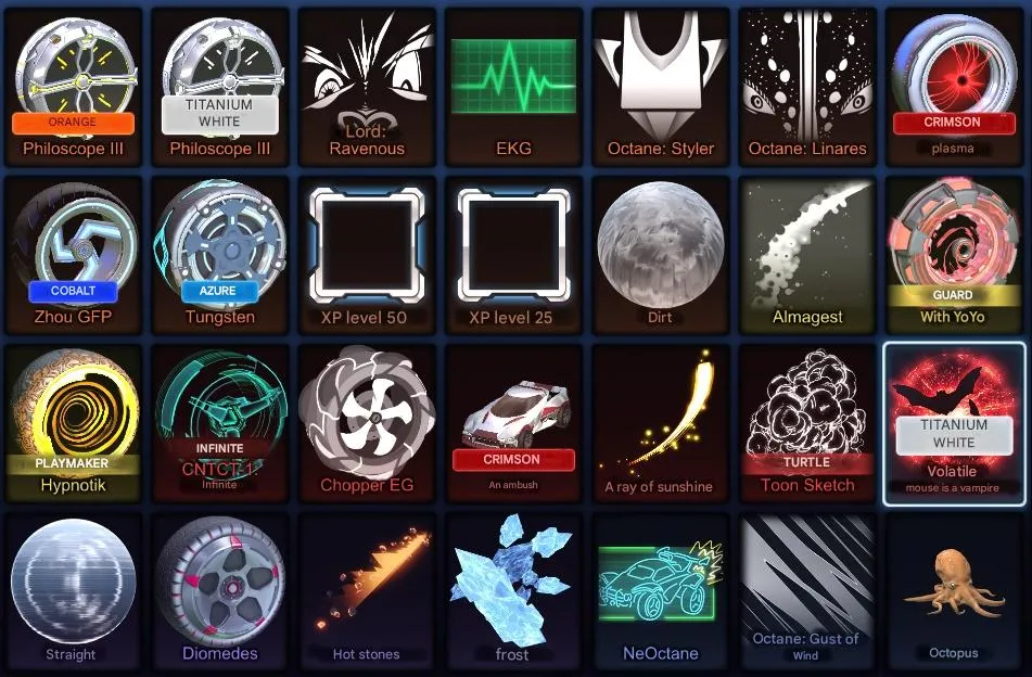 RL1009 INSIDIO HARBINGER Mudcat GTXT 700CR Level 53 Dominus GT Phobos Octane Breakout + Tons of Wheels Boosts Toppers Paints Imports 